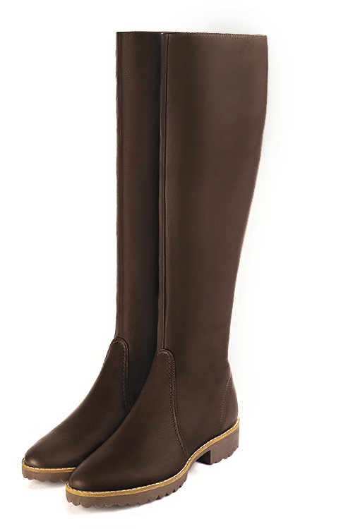 Dark brown women's riding knee-high boots. Round toe. Flat rubber soles. Made to measure. Front view - Florence KOOIJMAN